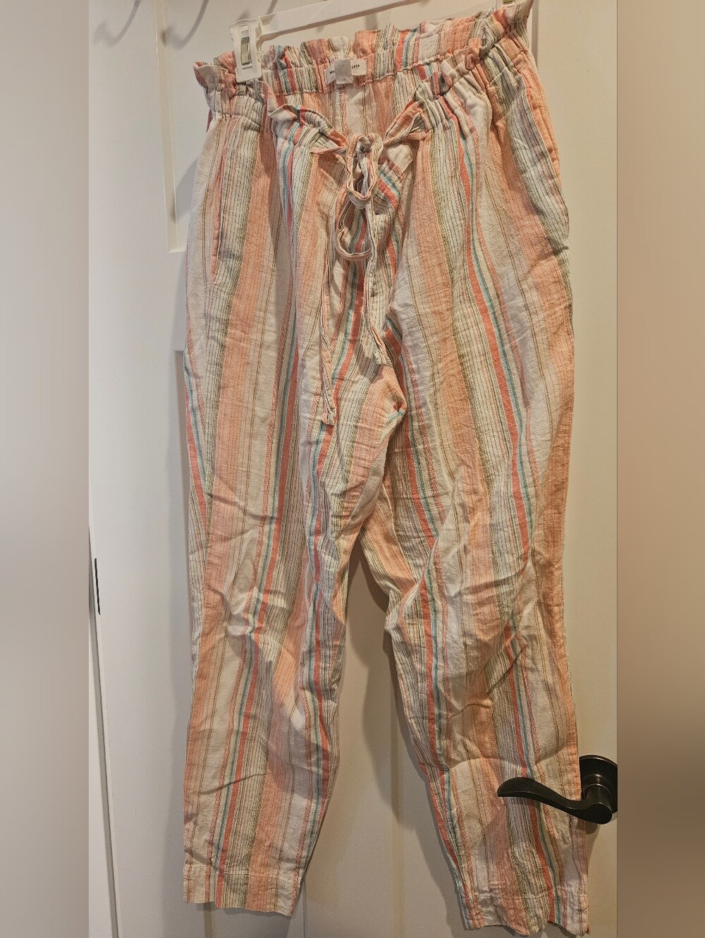 Beach Lunch Lounge Striped Paperbag Waist Linen-Blend Pants in Peach